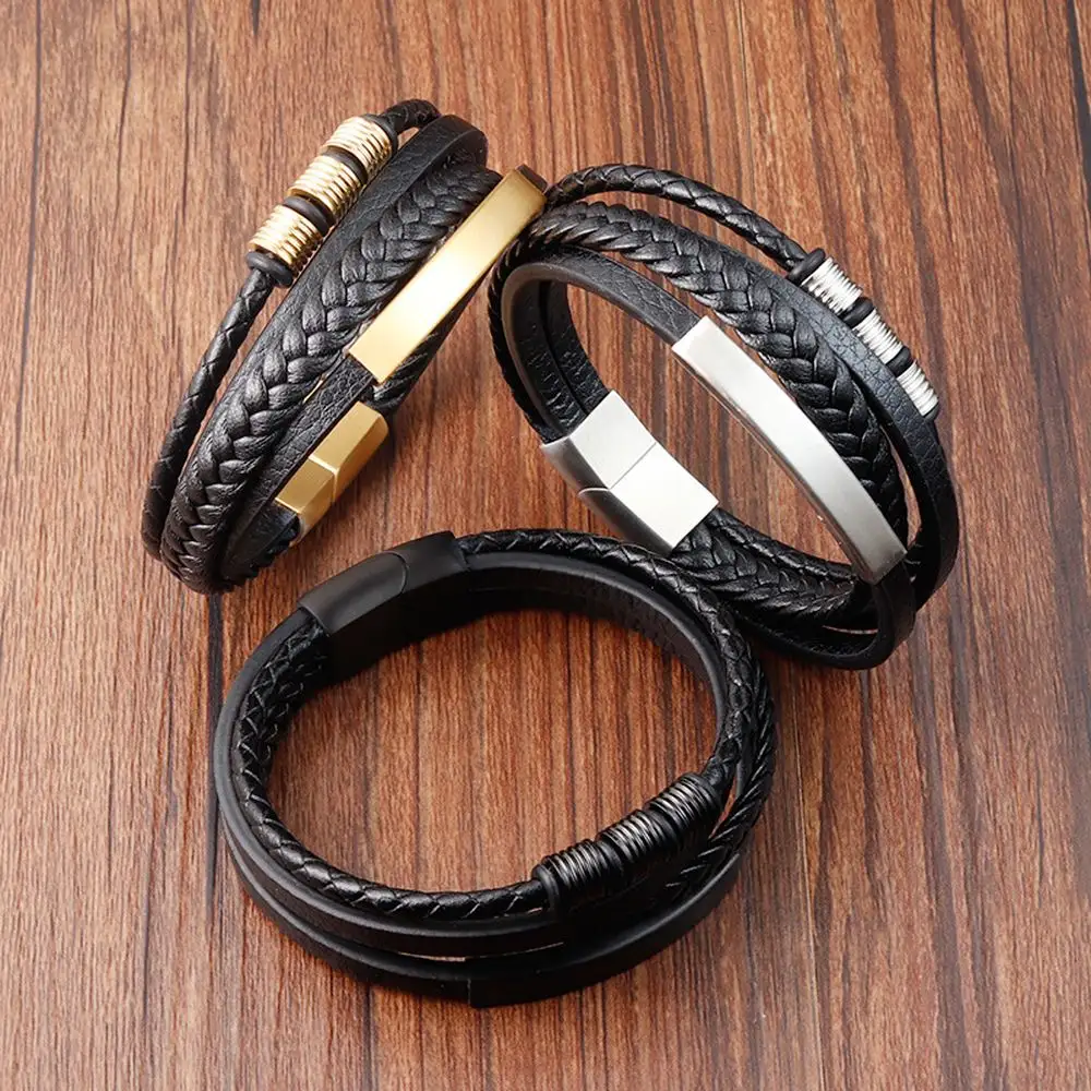 Multilayer Braided Men's Gold Cowhide Leather Stainless Steel Cord Leather Bracelets