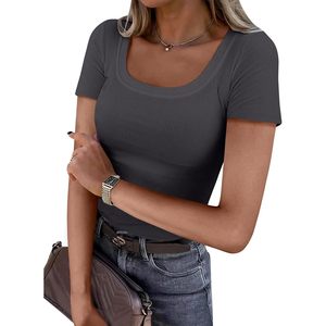 Camiseta de Mujer de Manga Corta, Tejido Acanalado, Cuello Redondo, Corte Ajustado, Informal, Básica, para Verano, Primavera 2026 - Product Image 1