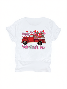 T-shirt da donna per San Valentino, vestibilità ampia, stampa grafica, camion rosso vintage, cuori, girocollo in cotone estivo, manica corta - Product Image 1