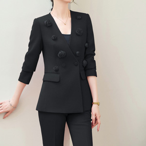 Women's Double-Breasted Wide-Leg Suit Set Solid Color Polyester Spring Work Casual Suit - Product Image 3