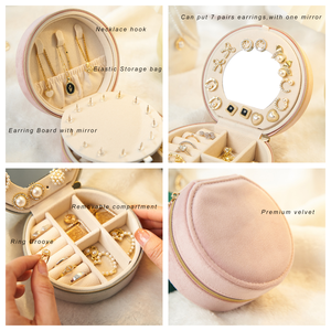 Wholesale Custom Travel Pink Jewellery Storage Case Logo Small Green Portable <strong>Round</strong> Velvet <strong>Jewelry</strong> <strong>Box</strong> With Mirror - Product Image 2