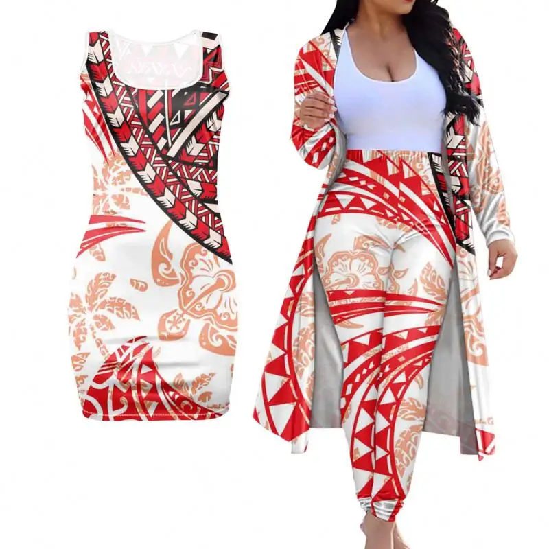 Vestido de mujer con estampado Tribal Hawaiano polinesio, conjunto de 3 piezas, nuevo diseño 2024, Kimono para mujer, cárdigan, falda, pantalones, capa, conjunto de moda