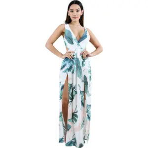 Women Deep V Neck Plunge Leaves Printed Front Split Backless Maxi Dress