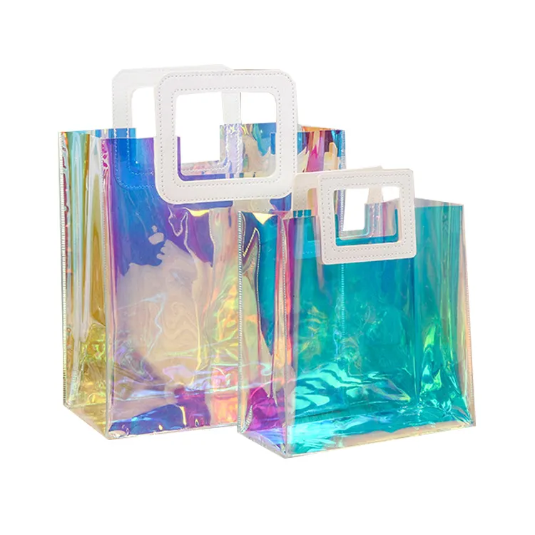 Sac cadeau holographique Transparent personnalisé, fourre-tout étanche Laser, sac de Shopping quotidien Durable en PVC