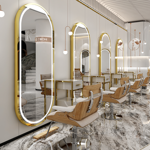 Estación de espejos para tienda de peluquero, espejo de salón de peluquería ovalado con luz led, barato - Product Image 5