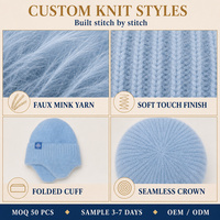 Bonnet en fausse fourrure de vison tricoté avec cache-oreilles, bord côtelé moelleux, patch flocon de neige, unisexe, pour l'hiver et l'extérieur, couleurs personnalisées, vente en gros