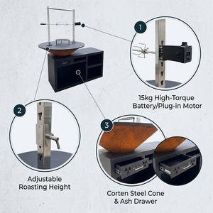 Kit de rôtissoire <span class=keywords><strong>pour</strong></span> barbecue en acier Corten avec <span class=keywords><strong>moteur</strong></span> sans fil, brasero extérieur et système de rôtissage sur braiseur - Product Image 5