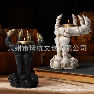 Skull Hand <b>Candlestick</b> Resin Halloween Decoration Indoor <b>White</b> Black Color Light Feature Personal Gift - Product Image 1