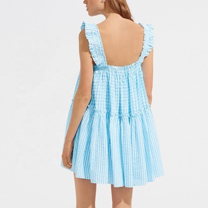 Robe Mini smock en coton à rayures et encolure carrée, tenue de luxe pour femmes, longueur moyenne, bleu marine, épissure <span class=keywords><strong>Aqua</strong></span> et blanc - Product Image 2