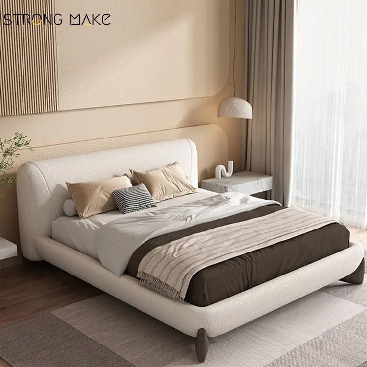 إطار سرير فاخر وعصري بنمط ياباني من Wabi Sabi فندق كوين كينج حجم كامل محشو ومكون من خشب ذو طرف مائل لغرفة النوم
