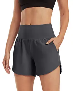 KRS03 Shorts de corrida femininos de secagem rápida com logotipo personalizado, camada esportiva de treino com bolsos, shorts femininos