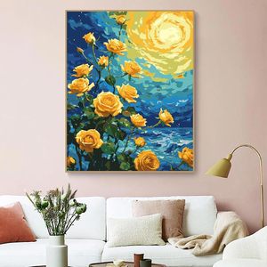 Peinture par numéros DIY Songwoo Impasto : Toile d'art texturée Nuit étoilée, Tourbillon Ciel, Rose dorée, Mer bleue, Paysage marin floral - Product Image 3