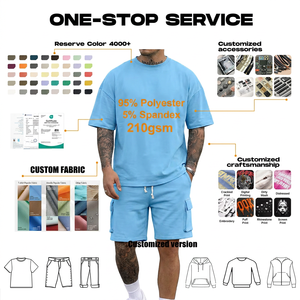 เสื้อยืดแขนสั้นทรงหลวม 210 กรัม สำหรับฤดูร้อน และชุดกางเกงขาสั้นผู้ชาย ชุดคาร์โก้ 95% โพลีเอสเตอร์ 5% สแปนเด็กซ์ ชุดลำลองสองชิ้นสำหรับผู้ชาย - Product Image 1