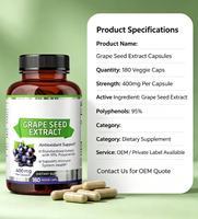 Emballage OEM, 180 capsules d'extrait de pépins de raisin, 400 mg, soutien antioxydant, santé immunitaire, complément alimentaire à base de plantes