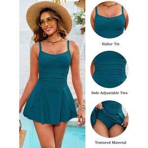 Traje de baño de una pieza para mujer con falda, control de abdomen, vestido de baño, azul turquesa, talla XL - Product Image 4