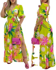 Women's Wear Floral Printed Sun Dresses Cut Out High Waist Split Long Dress