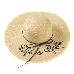 Оптовая продажа, пляжная шляпа, женская летняя Складная Соломенная Панама с большими полями и вышивкой