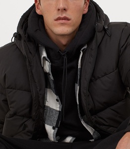 Custom Logo <b>Men's</b> Hooded Puffer Jacket Solid <b>Black</b> Windproof Polyester Winter Casual Zipper Closure Thick Quilted Regular Fit - Product Image 3