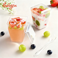 Gobelet carré jetable en plastique PS transparent de 150 ml (5 oz) à paroi simple pour fêtes, crème glacée, yaourt, gelée, pouding, mousse et desserts