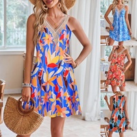 Robe d'été à la mode imprimée pour femmes, sans manches, col en V, mini robe d'été avec poches, nouvelle robe midi décontractée en dentelle pour femmes