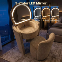 Coiffeuse moderne minimaliste à plateau rabattable avec miroir LED 3 couleurs, ensemble de meubles de chambre de luxe avec panneau rembourré et rangement
