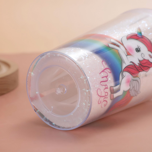 Colorful 450ml Magical Unicorn Double Wall <b>Plastic</b> Tumbler with <b>Straw</b> and Sparkling Glitter unicorn magic tumbler - Product Image 6