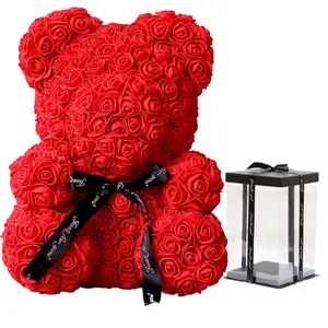 美国流行设计25厘米40厘米60厘米玫瑰泰迪熊带礼品盒，情人节礼品人造花泡沫泰迪熊