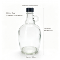 Bouteille en verre transparente de 1500 ml avec poignée et bouchon à vis, type Growler, pour le stockage de vin, kombucha et liqueurs de fruits - Vente en gros
