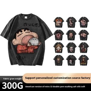 Dos homens Retro 300G Casual T-Shirt 100% Algodão Manga Curta Tingido Lavado Afligido Gota Ombro Modelado Impressão Direta - Product Image 3