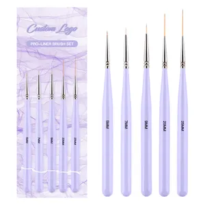 Light Purple 5 Pcs/Set Wooden Liner Brush Acrylic Nail Art Brush Set Fine Detail Long Liner Striping Brushes 25 mm