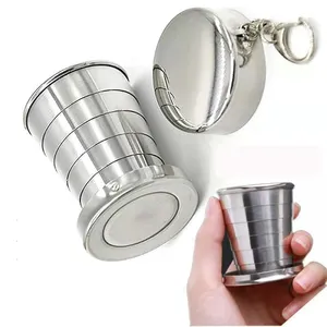 Food grade stainless steel travel portable outdoor folding cup keyring, telescopic small water glass, metal wine glass keychain