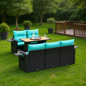 Set di divani da giardino in polyrattan nero da 6 pezzi con cuscini, mobili da giardino, posti a sedere all'aperto - Product Image 2