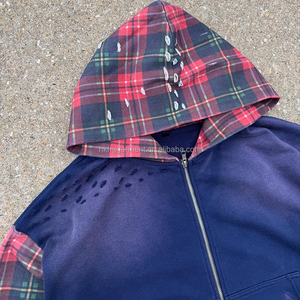 Sweat à capuche zippé en molleton français 100% coton à carreaux, design personnalisé, patchwork, couleurs contrastées pour hommes - Product Image 4