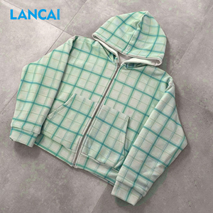 เสื้อฮู้ดซิป Lancai Heavyweight ทรงบ็อกซี่ ใส่ได้สองด้าน ลายสก็อตสไตล์ Y2K Grunge ปักลายแบบกำหนดเอง เสื้อสตรีทแวร์ผู้ชายแบบครอป - Product Image 1