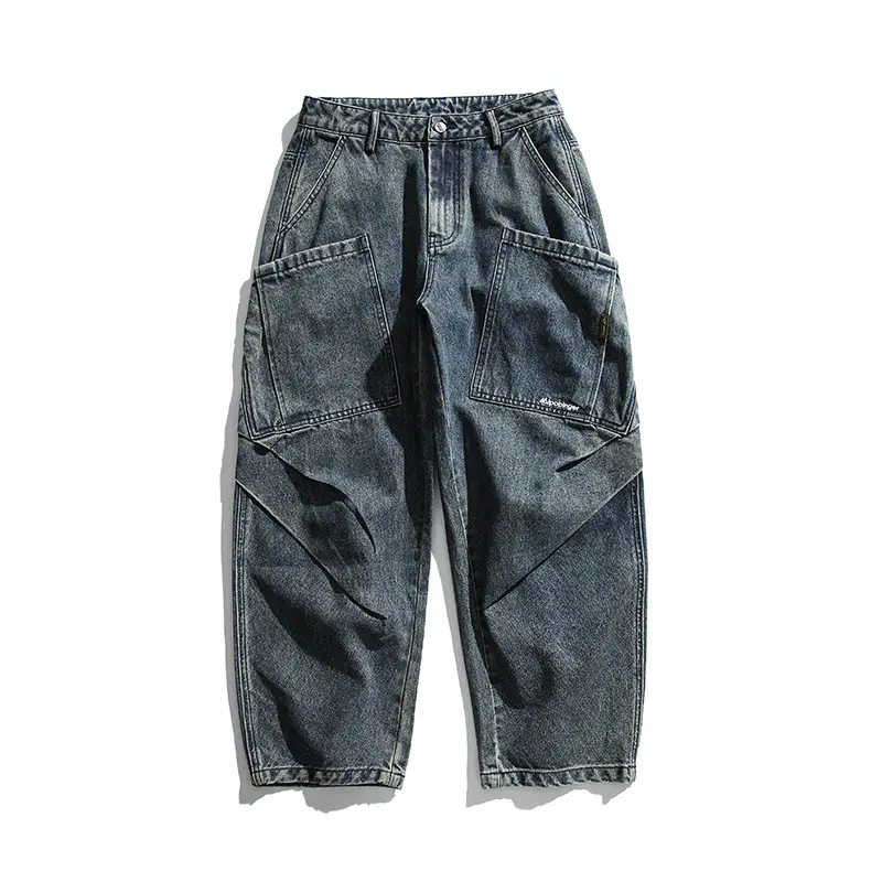 Driedimensionale Zak Versierde Rechte Broek Japanse Retro Gewassen Jeans Voor Mannen