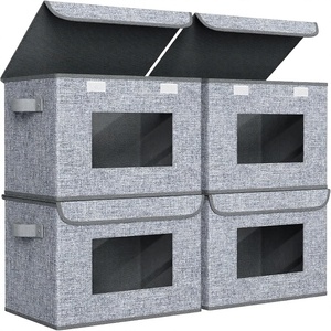 Modern Fabric <b>Storage</b> <b>Bins</b> with <b>Lids</b> Stackable 4 Pack for Clothes Grey Linen - Product Image 1