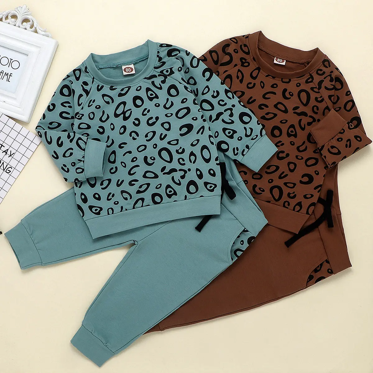 2020 New Fall Cute Baby to Toddler Blue Cheetah Home wear Cute Boy Girl Brown Leopard 2 pcs Outfit for 1-5 Years