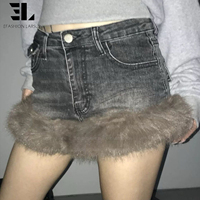 Celana Pendek Denim Patchwork Bulu Imitasi LARSUR Custom Factory, Model Distress Wash, untuk Wanita