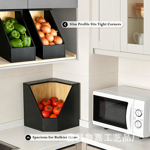 Caja de Almacenamiento de Esquina para Cocina de Madera Maciza Negra, Organizador de Frutas y Verduras de 3 Compartimentos, Contenedor de Almacenamiento de Alimentos para Escritorio - Product Image 3