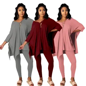 Mulheres Duas Peças V Pescoço Batwing Loose Túnica Top e Leggings Set Roupas