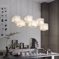 Lustre Suspendu Carré en Marbre Alabaste Espagnol, Design de Luxe Moderne, pour Table de Salle à Manger, Bar, avec LED Linéaire, Long et Réglable