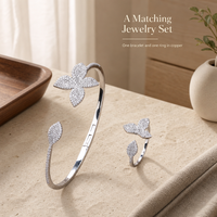 Set Perhiasan Wanita: Gelang dan Cincin Motif Bunga, Gelang Manset Terbuka dengan Cincin Senada, Hadiah Perhiasan Fashion untuk Acara Spesial