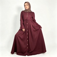 Robe Abaya Bourgogne pour Femme, Boutonnée sur le Devant, Plissée, Tenue Modeste, Vêtement Musulman Islamique, Longueur au Sol, Couverture Complète