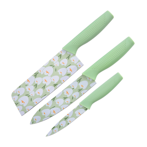SFB96 Decorative Tropical Flower Print <b>Kitchen</b> Knives Kit 3‑in‑1 Sharp Stainless Steel Knives Non‑Slip <b>Red</b> Handles With Safety - Product Image 1