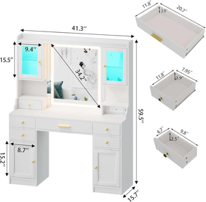 Coiffeuse Moderne Blanche Simple avec Lumières <span class=keywords><strong>et</strong></span> Tiroirs, <span class=keywords><strong>Table</strong></span> de Maquillage Légère en <span class=keywords><strong>Bois</strong></span> pour Dortoir - Product Image 4