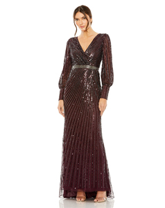 Robes maxi élégantes pour femmes, hiver 2024, manches longues évêque, col en V profond, ornées de perles, à sequins - Product Image 5