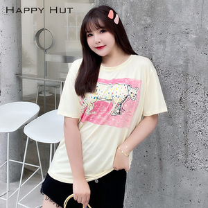 เสื้อยืดแขนสั้นคอกลมพิมพ์ลายเสือดาวสำหรับผู้หญิงไซส์ใหญ่สำหรับฤดูร้อน สีเหลืองอ่อน ผ้าฝ้ายเจอร์ซีย์ N7563 - Product Image 4