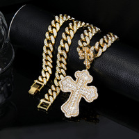 Ensemble Collier Pendentif Croix Hip Hop Iced Out en Alliage avec Micro-Pavé de Zircon et Chaîne Maille Cubaine, Bijoux Religieux pour Hommes, Vente en Gros