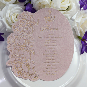 Tarjeta de menú de textura rosa para boda imprimible personalizada menú de mesa de papel dorado de ante de terciopelo para <span class=keywords><strong>restaurante</strong></span> Hotel banquete evento - Product Image 1