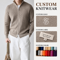 Usine de tricotage sur mesure OEM ODM, fournisseur en gros de cardigan en tricot nid d'abeille à fermeture éclair de couleur taupe pour hommes